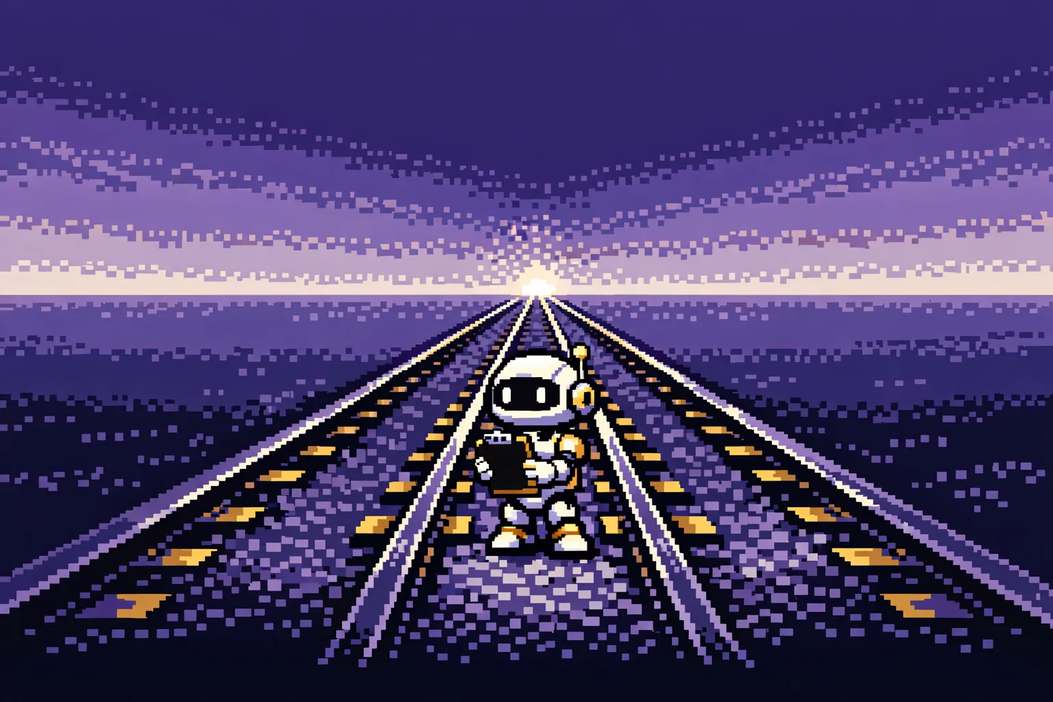 Three parallel metal rails stretch toward a bright horizon point; a small humanoid robot with a clipboard stands on the middle rail.