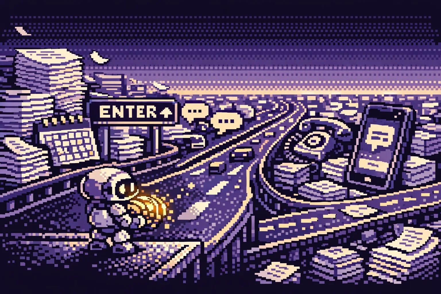 A small humanoid robot carries a glowing engine toward a busy road network filled with work tools.