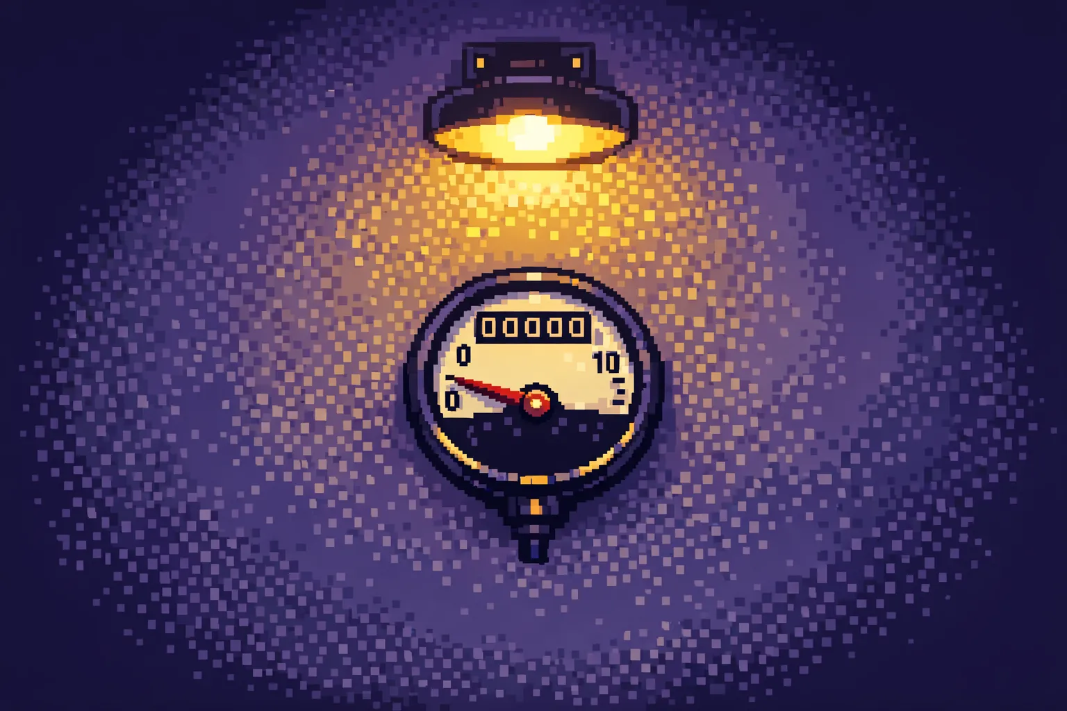 A round wall-mounted utility meter with its needle near zero, lit by a lamp left switched on above it.