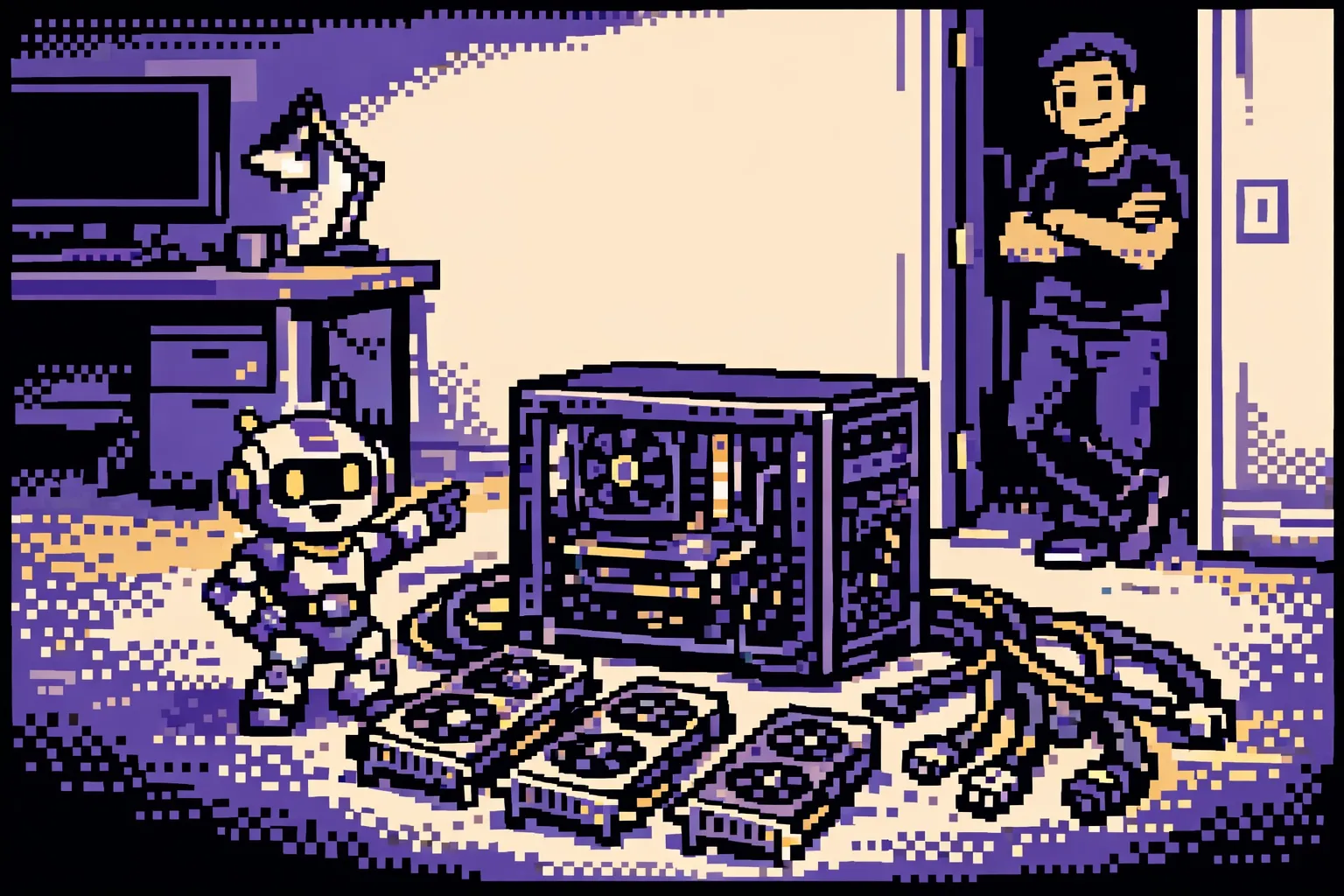 A powerful home office computer sits among graphics cards and power cables while a small robot points proudly at it.