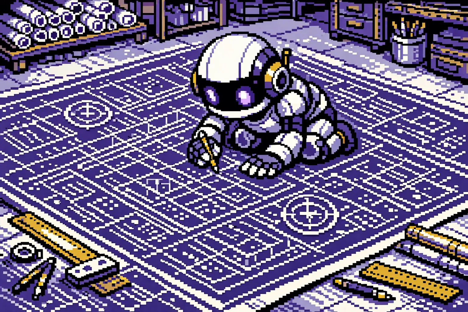 A humanoid robot kneels over a large blueprint unrolled across a workshop floor, with drafting tools arrayed around it.