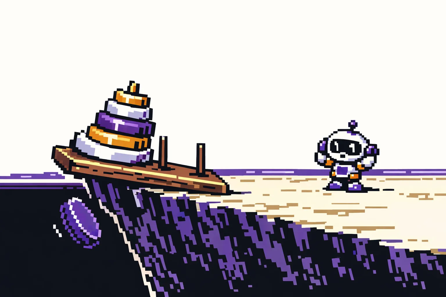 A Tower of Hanoi puzzle tilting at the edge of a steep cliff, one disc already tumbling over the drop into empty space below.