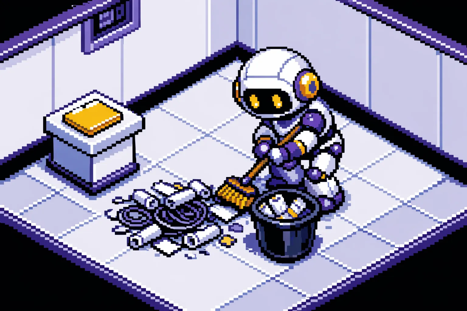 A humanoid robot sweeps scattered scrolls and tangled cables into a bin while a single tidy folder rests on a pedestal nearby.