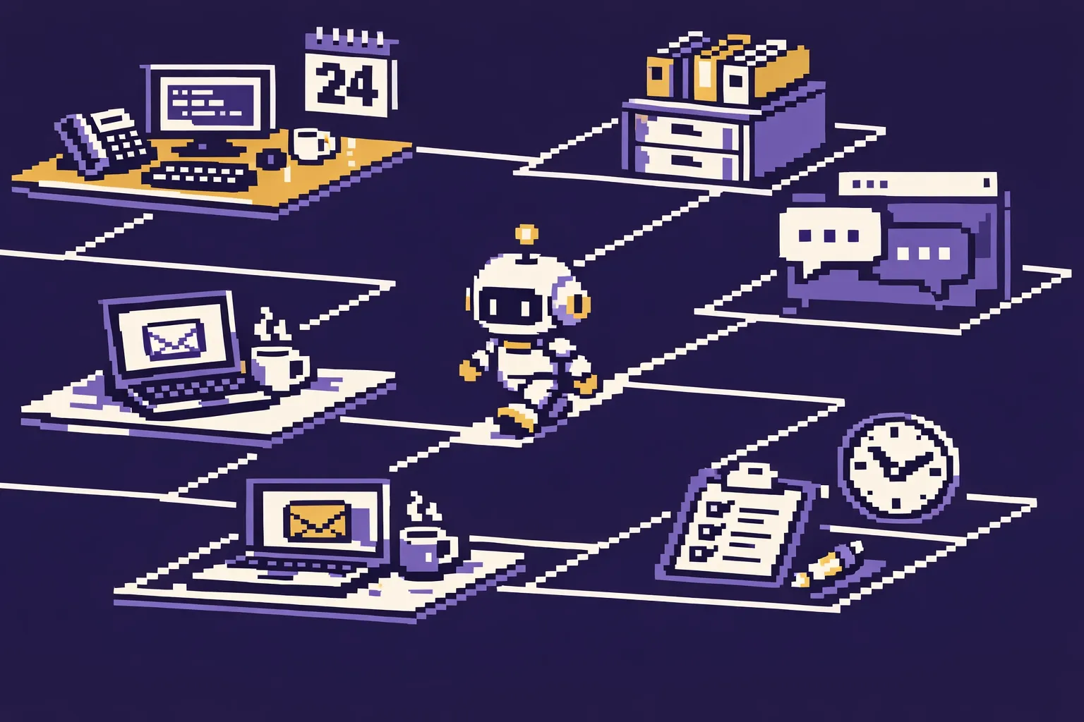 A small robot walks through a connected digital office of desks, folders, phones, calendars, and chat windows.