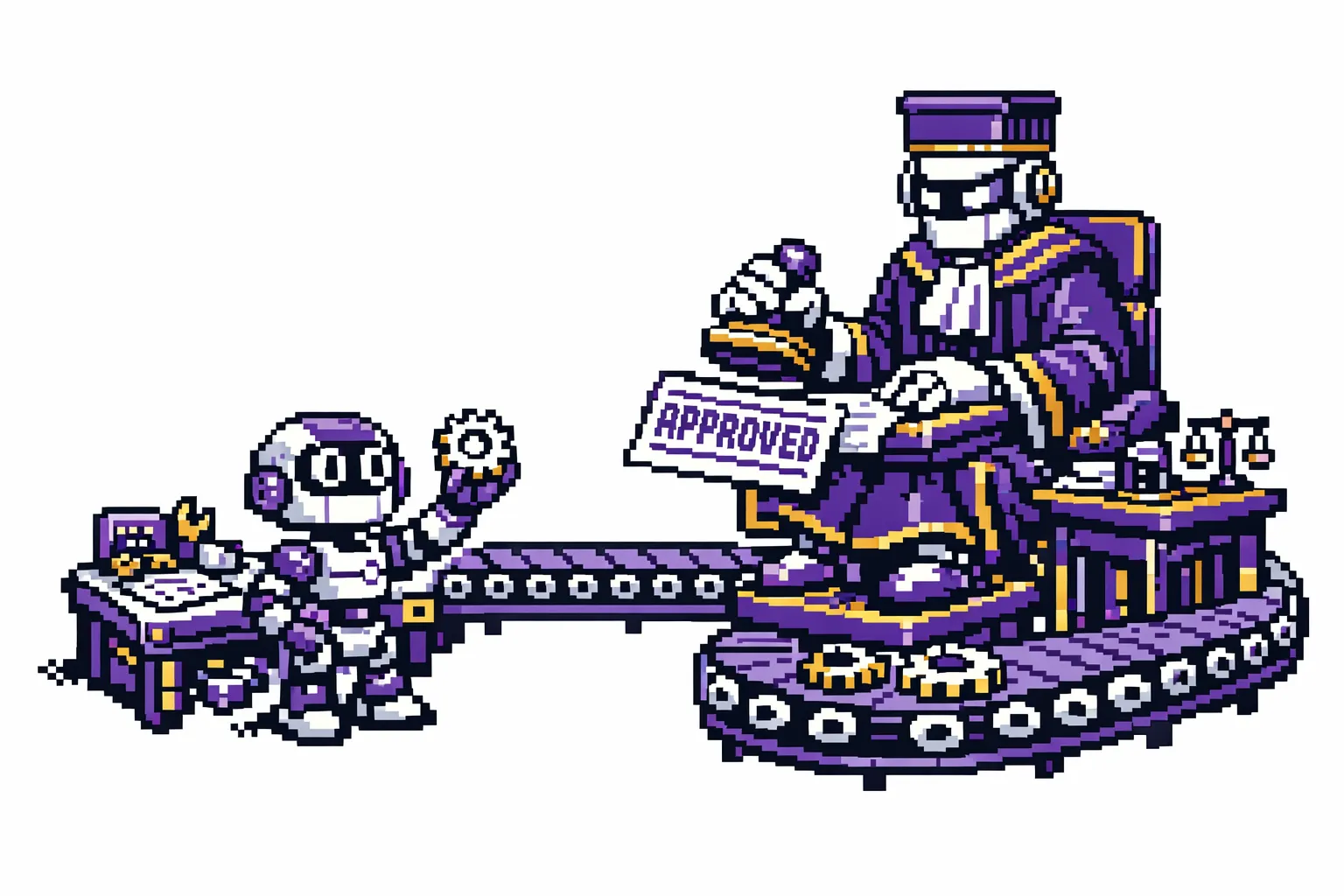 A humanoid robot at a workbench holds up a gear to a tall mechanical judge on a stool, who stamps a verdict onto a ticket over a looping conveyor.