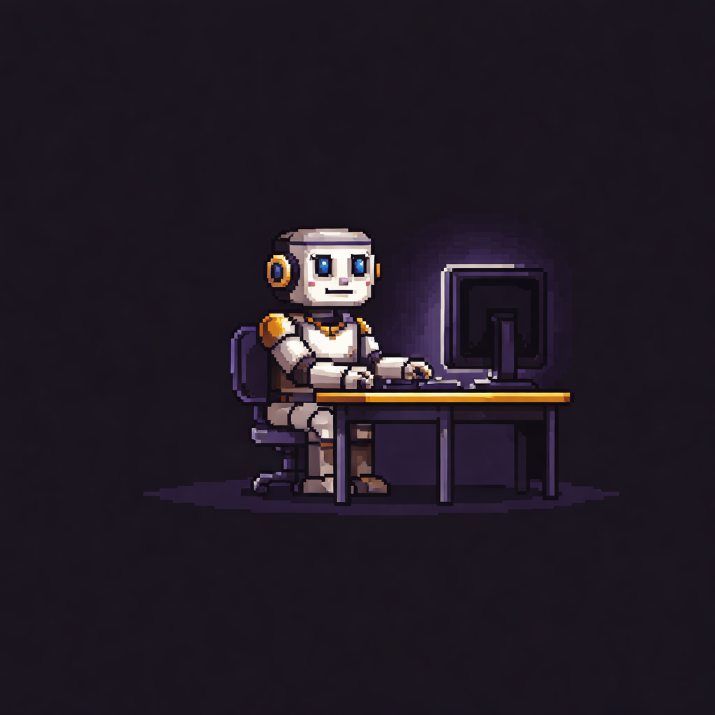 Pixel art robot at a computer